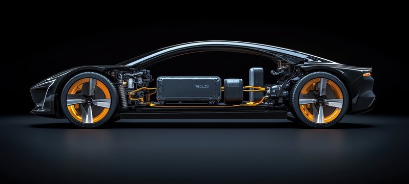 A contemporary cross-section illustration of an electric car