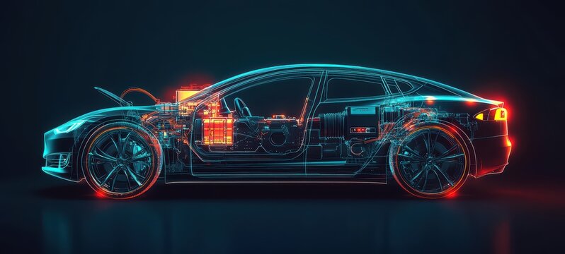 A contemporary cross-section illustration of an electric car