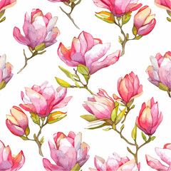 Watercolor floral magnolia flowers pattern seamless in flat pattern isolated on a white background, seamless flower, vector illustrations