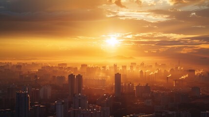 A sunrise over a bustling city, with the first light of day illuminating the urban landscape in golden hues