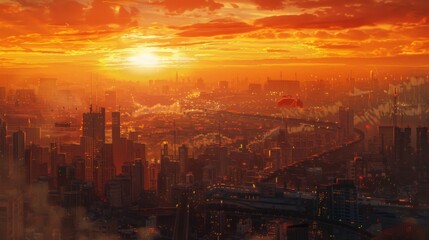 Obraz premium A sunrise over a bustling city, with the first light of day illuminating the urban landscape in golden hues
