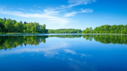 Fototapeta premium A tranquil lake reflecting a clear blue sky, symbolizing clarity, peace, and the realization of success