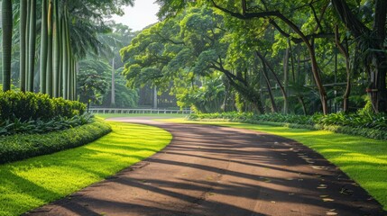 Fototapeta premium A tranquil racetrack surrounded by lush greenery, offering a serene and picturesque setting for racing events