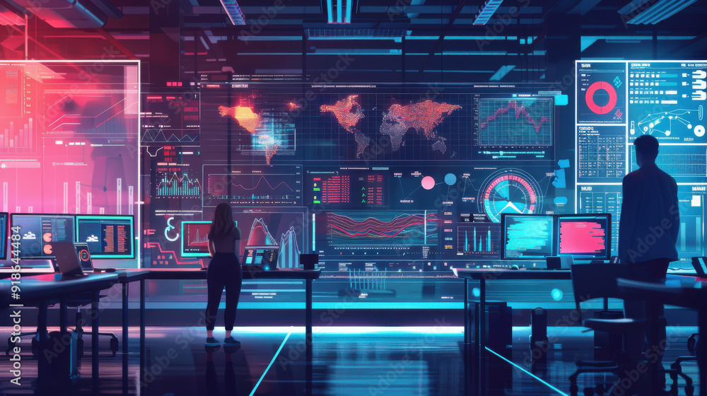 Poster high-tech office with employees using digital tools to communicate and analyze data