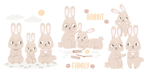 Happy rabbit family cartoon characters, father mother and baby child bunny spending time together
