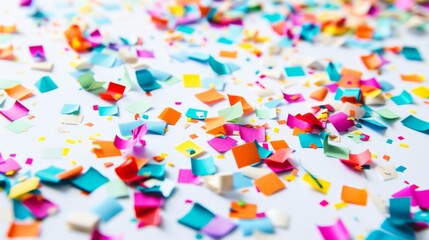 Fototapeta premium A vibrant confetti background with colorful paper pieces scattered across a white surface, creating a festive vibe