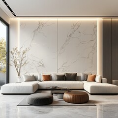 A modern living room with a white wall and a white couch