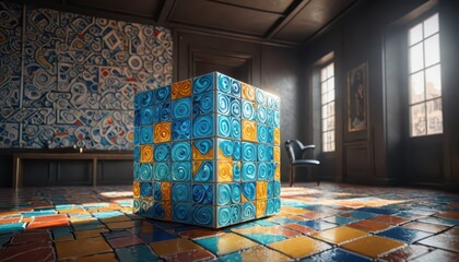 Naklejka premium Abstract Cube with Swirls in an Art Gallery.