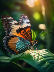 Obraz premium of a colorful butterfly walking on a leaf surrounded by greenery