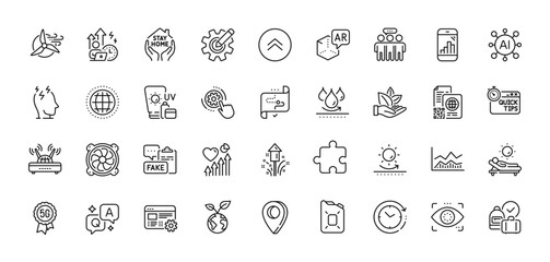 5g technology, Graph phone and Sun protection line icons pack. AI, Question and Answer, Map pin icons. Puzzle, Globe, Cogwheel settings web icon. Trade infochart, Wifi, Time change pictogram. Vector