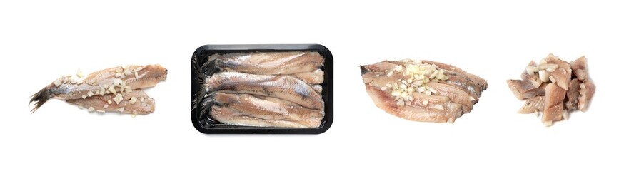 Dutch herring isolated, salted fish meat fillet, traditional maatjes, raw atlantic herring, matias