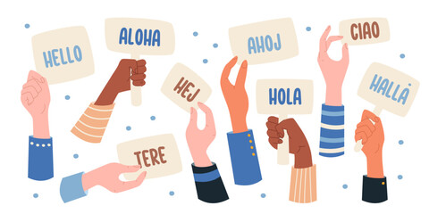 Human hands holding banners with text hello in different languages for international communication © Mykola Syvak