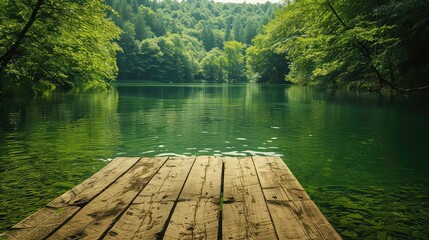 Wooden pier extending over a calm, green lake surrounded by dense, green forest.
