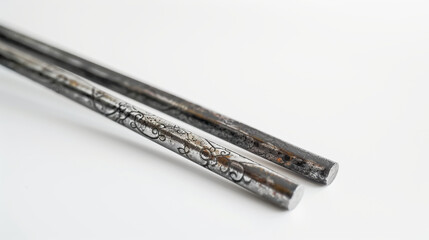 Metal chopsticks with engraved patterns cut out on a clean white background.