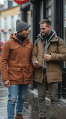 Fototapeta premium Two friends converse on a wet city street, sharing a moment while checking their mobile device, dressed warmly for the chilly weather