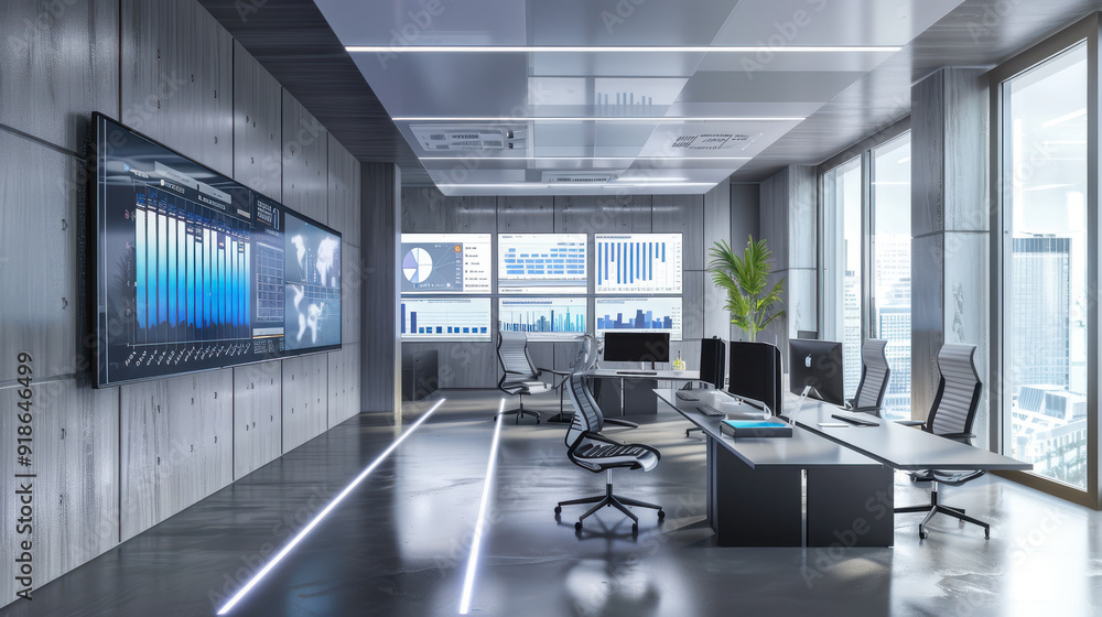 Poster modern office with digital communication network and business statistics displayed on screens