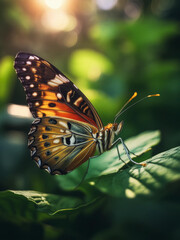Fototapeta premium of a colorful butterfly walking on a leaf surrounded by greenery