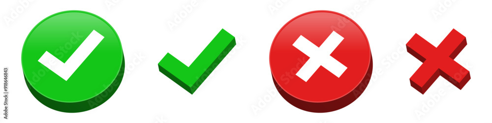 Leinwandbilder 3d check mark icon button set. check box icon with right and wrong buttons and yes or no checkmark icons in green tick box and red cross. 3d vector illustration