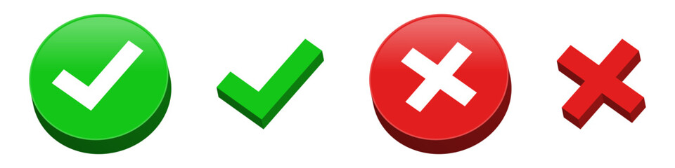 3d check mark icon button set. check box icon with right and wrong buttons and yes or no checkmark icons in green tick box and red cross. 3d vector illustration