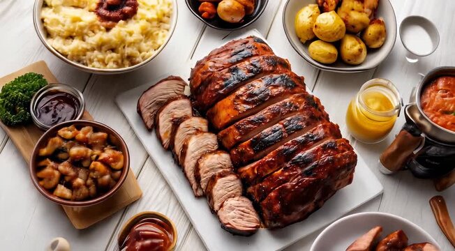 Traditional Brazilian food Picanha, featuring grilled sliced steak, garlic rice, roasted baby potatoes, tomato sauce, pork stew, barbecue and chimichurri sauces.