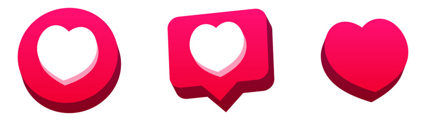 3d Like and love icon button. Heart flat icon in modern 3d speech bubble shapes , Social media notification icons. emoji post reactions set. Vector illustration