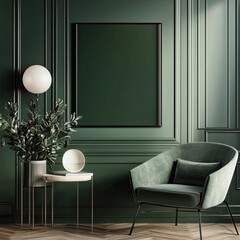 A green room with a white table and a green chair