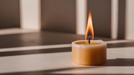 A single lit candle stands on a white table. Generative AI.