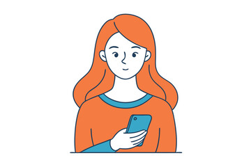 Minimalist Line Art of Teen Girl Using Smartphone | Flat Vector Illustration