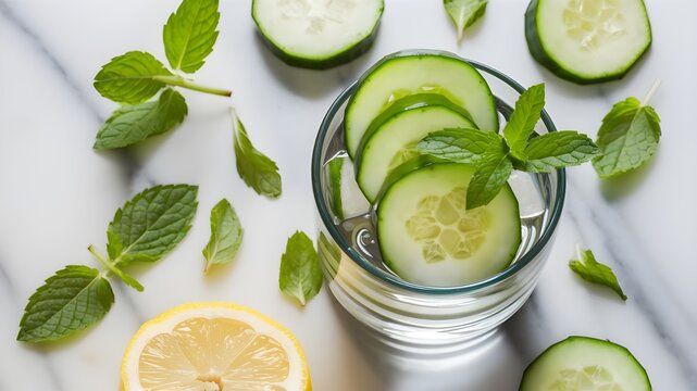cucumber and mint in the glass on the table and lemonade siat dside of the glass