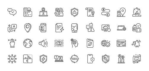 Seo, Loud sound and Ab testing line icons pack. AI, Question and Answer, Map pin icons. Recovery cloud, Water cooler, Artificial intelligence web icon. Vector