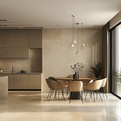 A modern kitchen with a large dining table and chairs