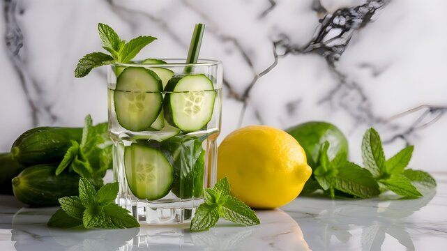 cucumber and mint in the glass on the table and lemonade siat dside of the glass on the table