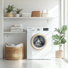 A white washing machine sits in a room with a window and a plant