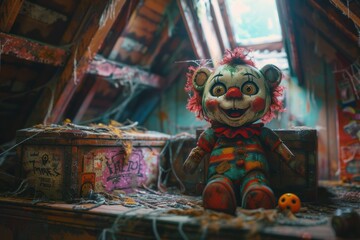 A Creepy Clown Doll in a Dusty Attic