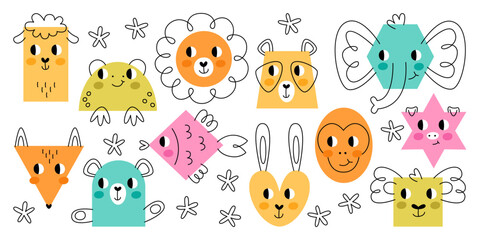 Cute geometric shapes in form of funny hand drawn animals figures set comic geometry art design