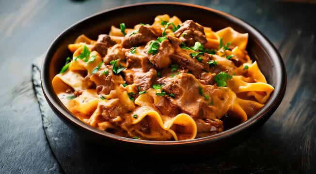 Traditional Hungarian food Beef Stroganoff. Tender beef cubes in creamy sauce over wide egg noodles, garnished with fresh parsley.