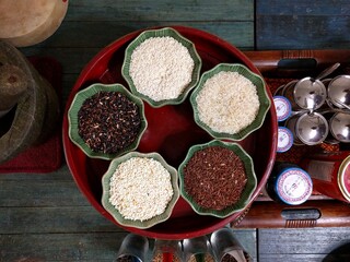 All kind of rices on the table 
