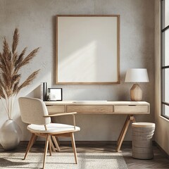 A white framed picture hangs on a wall above a desk