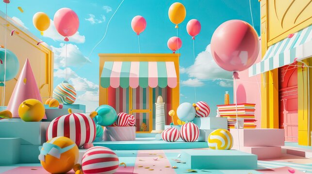 A whimsical 3D scene with a yellow shop, balloons, colorful geometric shapes, and confetti.