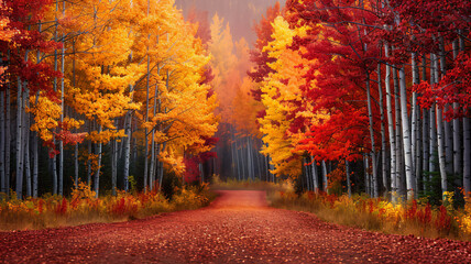 Illustration of glowing autumn forest path illuminated by vibrant fall foliage