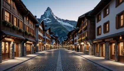 Fototapeta premium Cobblestone Street with Mountain View in European Village.