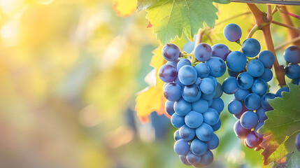 a close-up of ripe blue grapes hanging from a vine, surrounded by green leaves. The warm sunlight, possibly from sunrise or sunset, illuminates the grapes, making them look vibrant and fresh