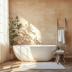 A bathroom with a white bathtub, a wooden stool, and a potted plant