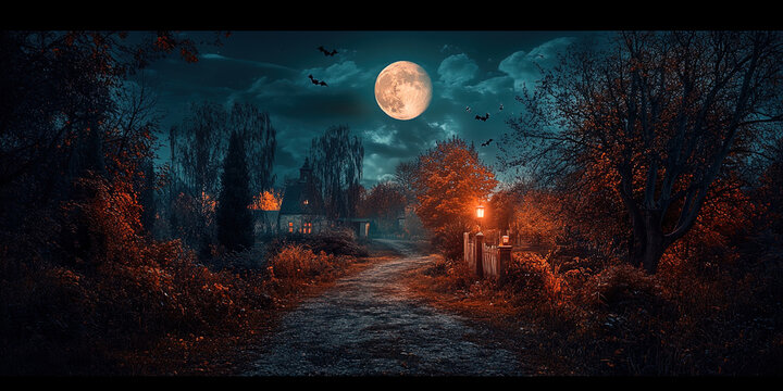 Beautiful and spooky fall landscape for Halloween with  orange and blue hues background at night with full moon in dark and scary clouds
