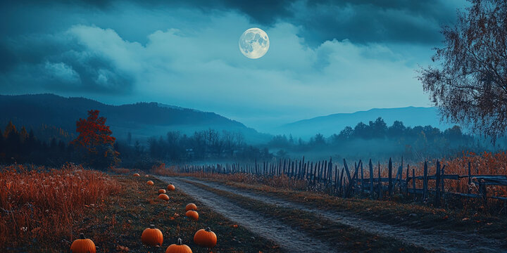Beautiful and spooky fall landscape for Halloween with  orange and blue hues background at night with full moon in dark and scary clouds