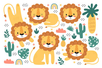 Cute childish baby lion cartoon character set with jungle and African safari natural pattern © Mykola Syvak
