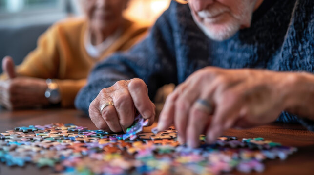Nurse aiding senior man in playing alphabet puzzle, promoting mental wellness in geriatric clinic