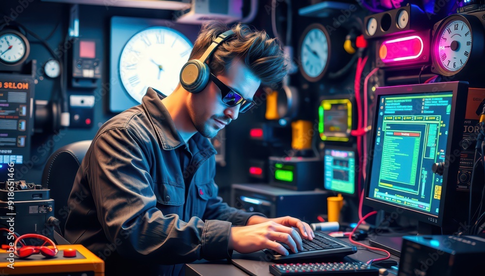 Poster hacker working late at night.