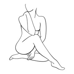 A nude female model poses modestly with crossed legs and arms covering her torso for beauty salon or waxing illustration in line art vector
