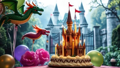 Birthday Cake with Castle Theme and Dragon Balloons.